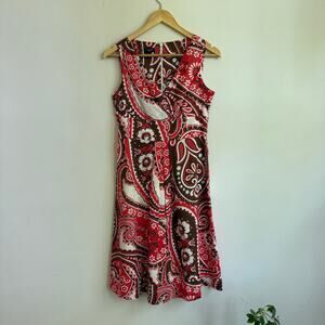 Talbots Red and Brown Paisley Cotton V-Neck Knee Length Dress Size 2 Petite